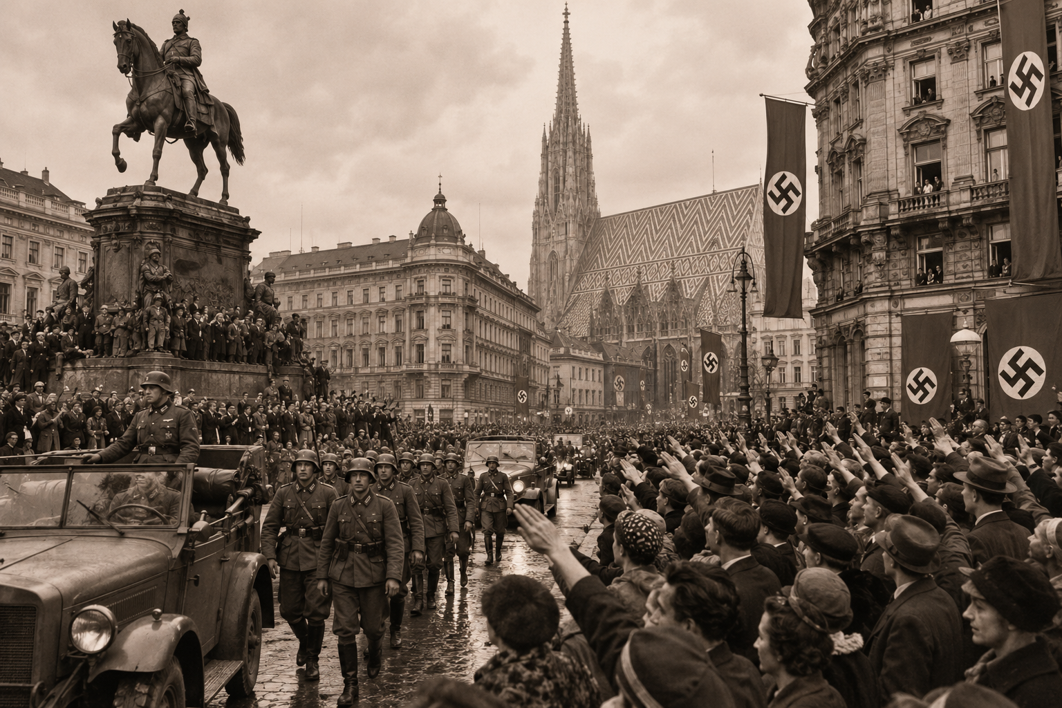 Толпа в Вене на площади в марте 1938 года во время аншлюса, немецкие войска и знамёна, атмосфера массового собрания
